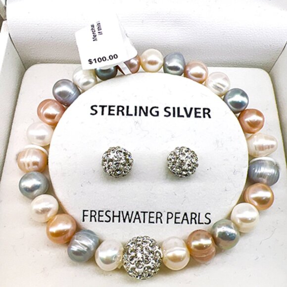 Giani Bernini 2-Pc. Freshwater Pearl Bracelet & Crystal Earrings Set NIB - Picture 2 of 4